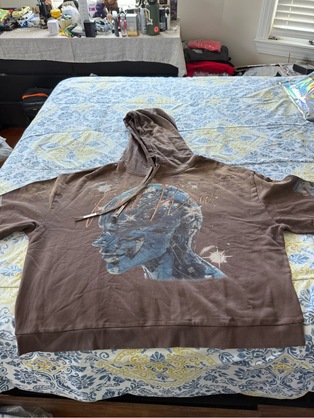 First Row Men's Brown Zip-Up Hoodie with Blue Graphic Profile